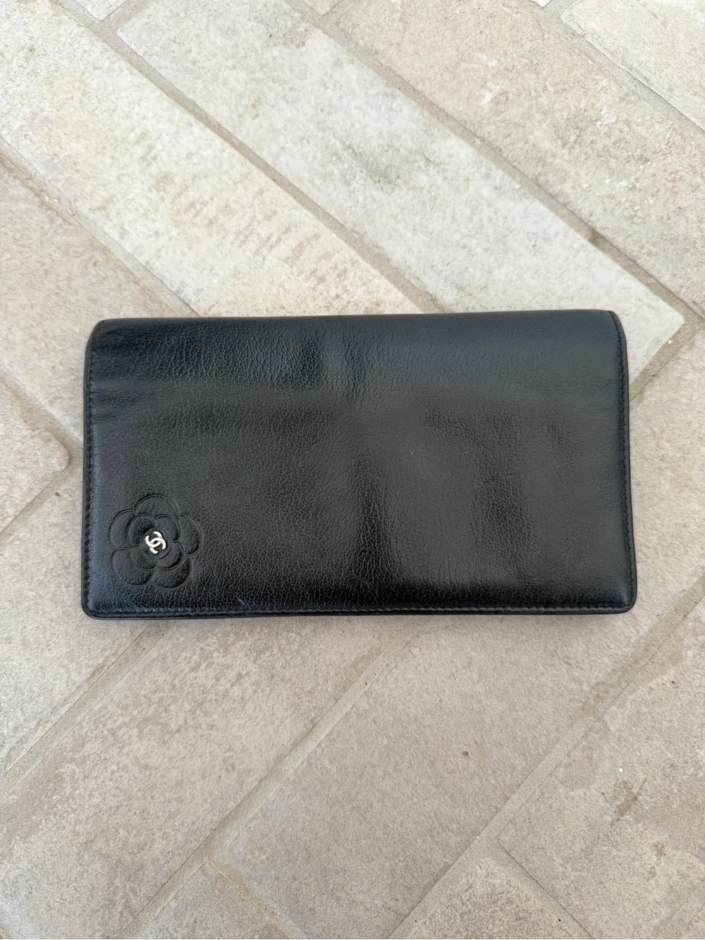 Chanel Butterfly Camellia Black Leather Bifold Long Wallet Silver CC